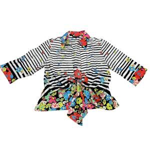 Mishca‎ Wrap Blouse 3/4 Sleeve Tie Closure Flowers & Stripes Black White Size XL